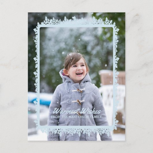 Blue Snowflake Frame Holiday Foto Feiertagspostkarte (Vorderseite)