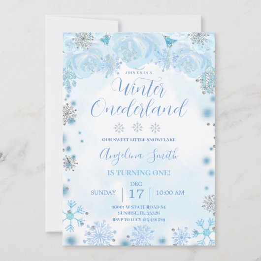 Blue Snowflake Geburtstag Winter Onederland Einladung (Vorderseite)