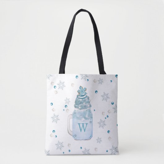 Blue Snowflake Mason Jar Milkshake Monogram Tasche (Vorderseite)