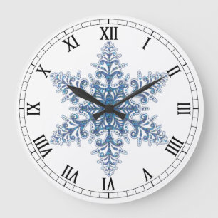 Blue Snowflake Round Roman Numerals Clock Große Wanduhr