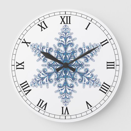 Blue Snowflake Round Roman Numerals Clock Große Wanduhr (Vorderseite)