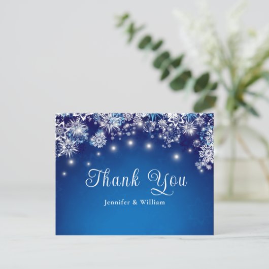 Blue Snowflake Sparkle Wedding Dankeskarte (Stehend Vorderseite)