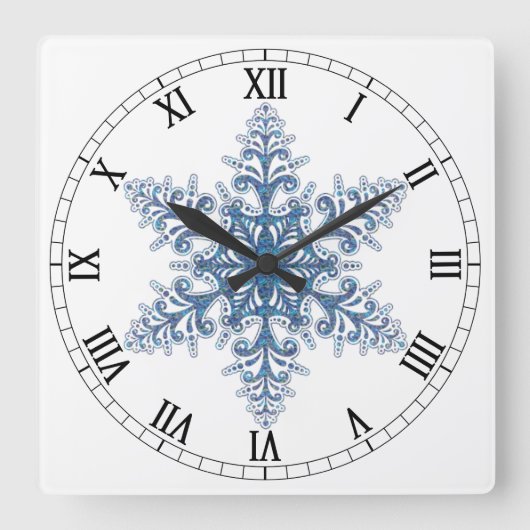 Blue Snowflake Square Roman Numerals Clock Quadratische Wanduhr (Vorderseite)