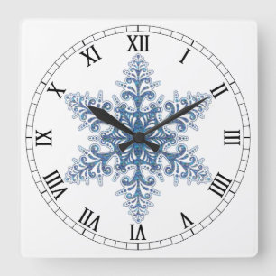 Blue Snowflake Square Roman Numerals Clock Quadratische Wanduhr