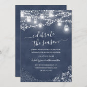 Blue Snowflake String Lights Red Christmas Einladung (Vorne/Hinten)