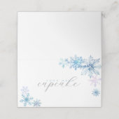 Blue Snowflake Tent Menu Card — Winter First Birth Platzkarte (Außenseite Aufgefaltet)