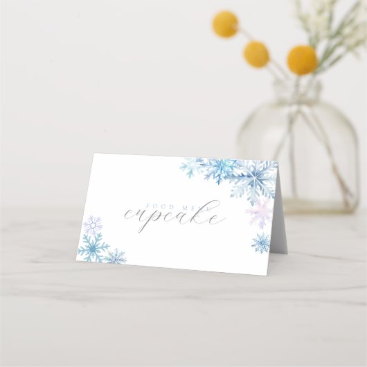 Blue Snowflake Tent Menu Card — Winter First Birth Platzkarte (Vorderseite)