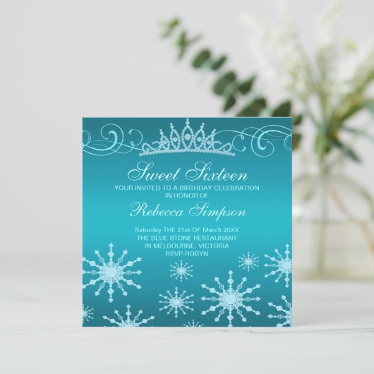 Blue Snowflake & Tiara Design Einladung zum Geburt (Stehend Vorderseite)
