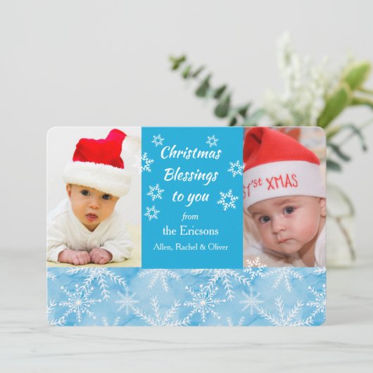 Blue Snowflake Weihnachts Foto Template Flat Card Einladung (Stehend Vorderseite)