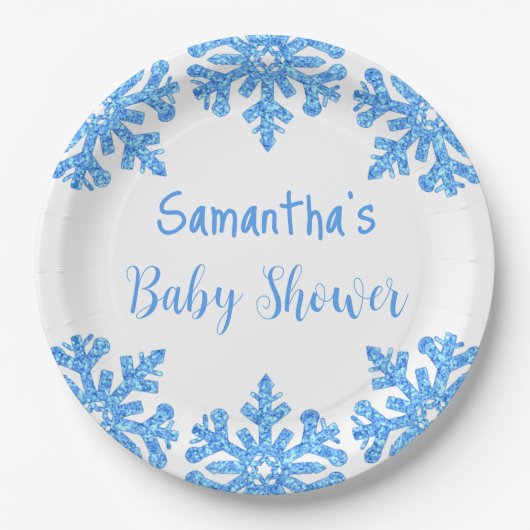 Blue Snowflake Winter Boy Baby Dusche Pappteller (Vorderseite)