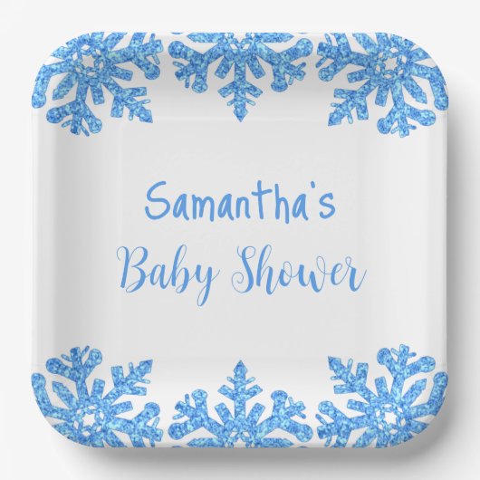 Blue Snowflake Winter Boy Baby Dusche Pappteller (Vorderseite)