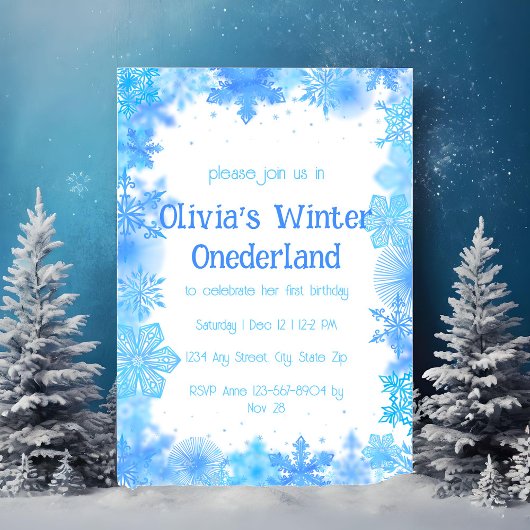 Blue Snowflake Winter Onederland Party Einladung