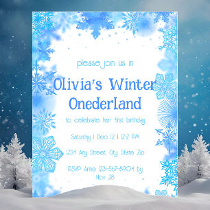 Blue Snowflake Winter Onederland Party Einladung
