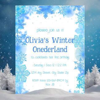 Blue Snowflake Winter Onederland Party Einladung