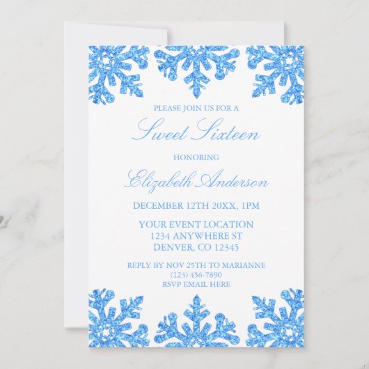 Blue Snowflake Winter Sweet 16 Einladung (Vorderseite)