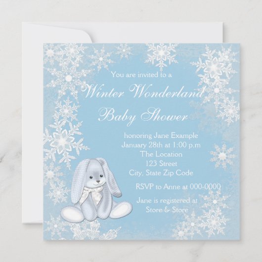 Blue Snowflake Winter Wonderland Baby Dusche Einladung (Rückseite)
