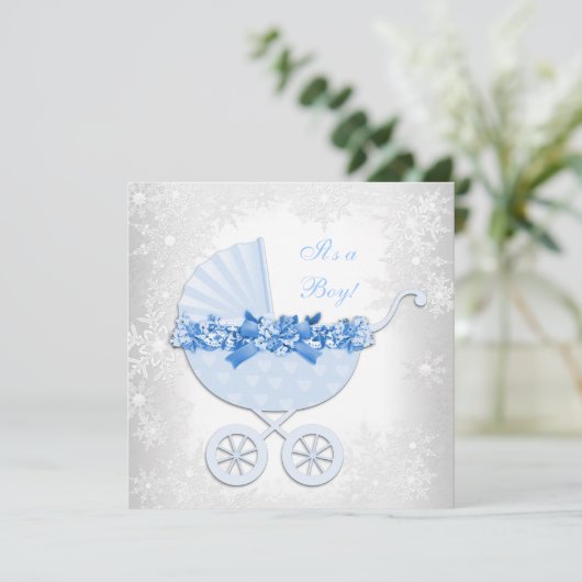 Blue Snowflake Winter Wonderland Baby Dusche Einladung (Stehend Vorderseite)