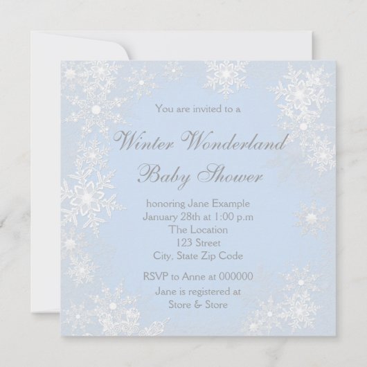 Blue Snowflake Winter Wonderland Baby Dusche Einladung (Rückseite)