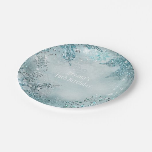 Blue Snowflake Winter Wonderland Party Pappteller (Schrägansicht)
