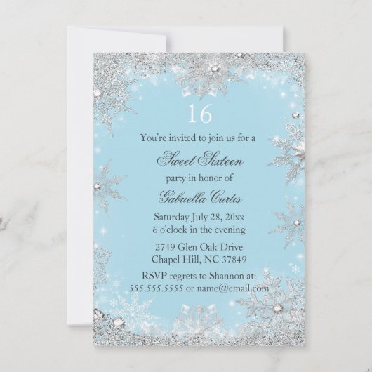 Blue Snowflake Winter Wonderland Sweet 16 Einladun Einladung (Rückseite)