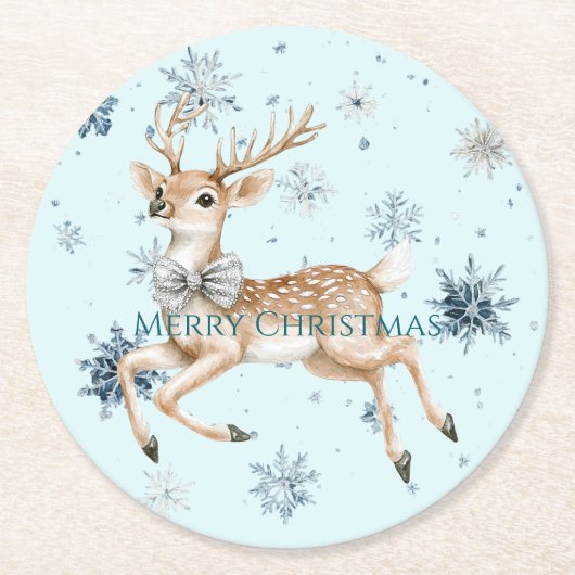 Blue Snowflakes Christmas Deer with Bow Runder Pappuntersetzer (Vorderseite)