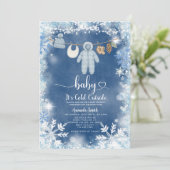 Blue Snowflakes Clothesline Baby Dusche Einladung (Stehend Vorderseite)