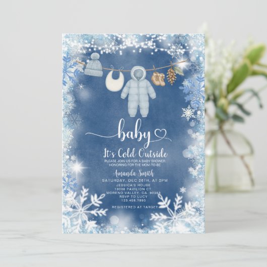 Blue Snowflakes Clothesline Baby Dusche Einladung (Stehend Vorderseite)