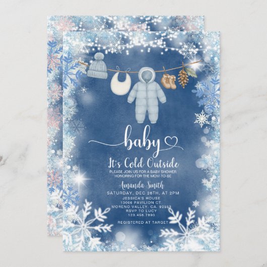 Blue Snowflakes Clothesline Baby Dusche Einladung (Vorne/Hinten)