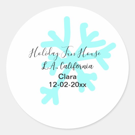 Blue snowflakes holiday camping house place date runder aufkleber (Vorderseite)