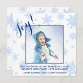 Blue Snowflakes Holiday Joy Square Foto Card (Vorne/Hinten)