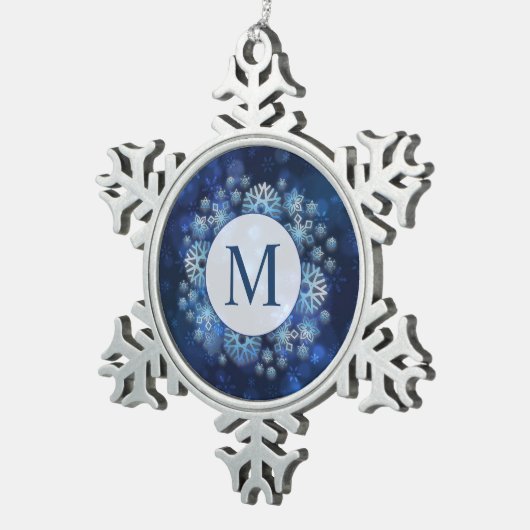 Blue Snowflakes Monogram Pewter Snowflake Ornament (Rechts)