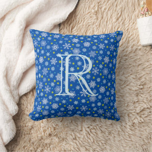 Blue Snowflakes Navy Blue Modern Elegante Monogram Kissen