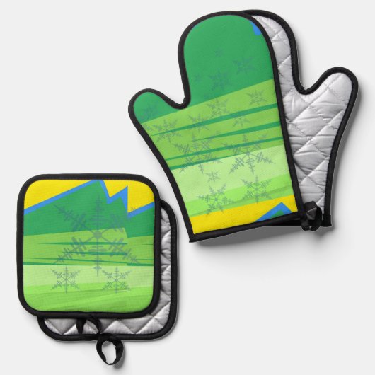 Blue Snowflakes Oven Mitt and Pot Holders Ofenhandschuh & Topflappen-Set (Vorderseite/Rückseite)