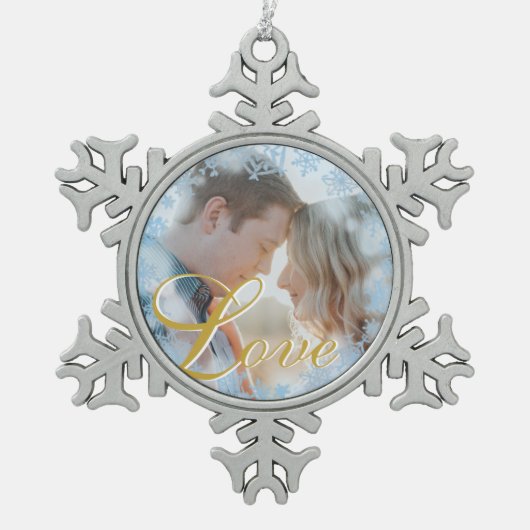 Blue Snowflakes Weihnachten Liebe Personalisiertes Schneeflocken Zinn-Ornament (Vorderseite)