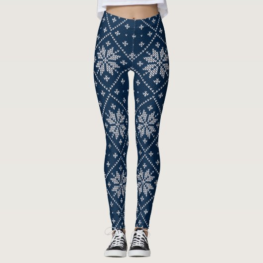 Blue Snowflakes Weihnachten Sweater Strick Pattern Leggings (Vorderseite)