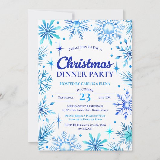 Blue Snowflakes Weihnachts-Abendessen Party Einladung (Vorderseite)