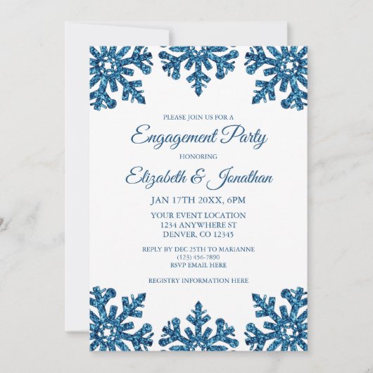 Blue Snowflakes Winter Engagement Party Einladung (Vorderseite)