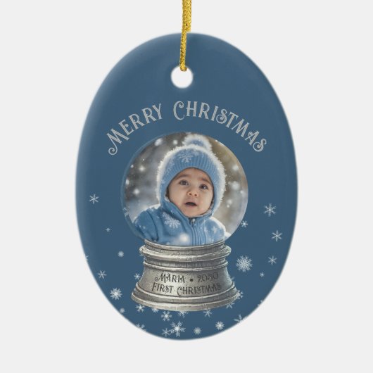 Blue Snowglobe Snowflake Foto Keramik Ornament (Vorne)