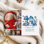 Blue Snowman 5 Foto Erstes Weihnachtsfest Feiertagskarte<br><div class="desc">Feiern Sie die erste Urlaubssaison Ihres Kleinen mit diesem fröhlichen Winterdesign mit einer blauen karierten Zahl, einem bezaubernden Schneemann und verstreuten Bonbons und Geschenken. Passen Sie es mit dem Foto und den Geburtsdetails Ihres Babys an, um einen Sake zu schaffen, der Ihren Erinnerungen Charme und Magie verleiht.</div>