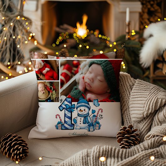 Blue Snowman First Christmas Kissen