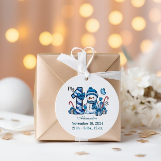 Blue Snowman First Christmas Runder Aufkleber