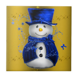 Blue Snowman on Gold Christmas Fliese