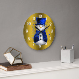 Blue Snowman on Gold Christmas Große Wanduhr