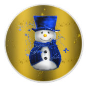 Blue Snowman on Gold Christmas Keramikknauf (Vorderseite)