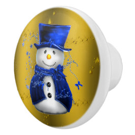 Blue Snowman on Gold Christmas Keramikknauf