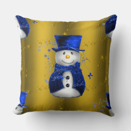 Blue Snowman on Gold Christmas Kissen