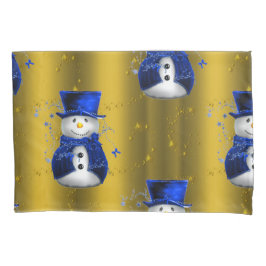 Blue Snowman on Gold Christmas Kissenbezug