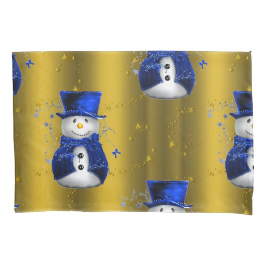 Blue Snowman on Gold Christmas Kissenbezug (Vorderseite)