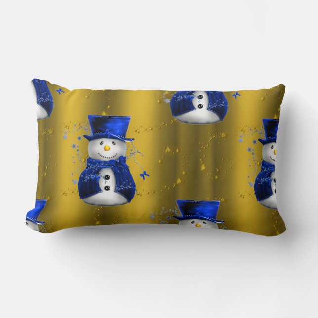 Blue Snowman on Gold Christmas Lendenkissen (Vorderseite)