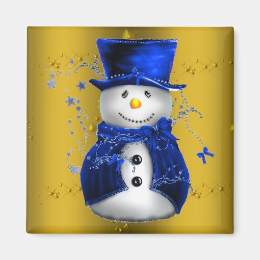 Blue Snowman on Gold Christmas Magnet (Vorne)